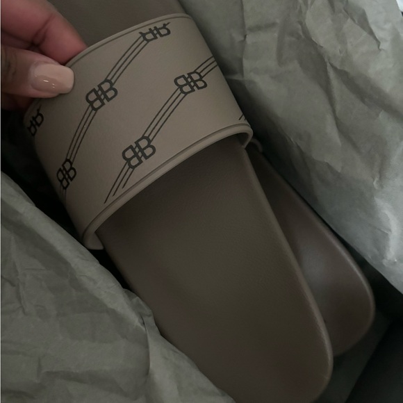 Balenciaga Shoes - Balenciaga Beige Logo Mules